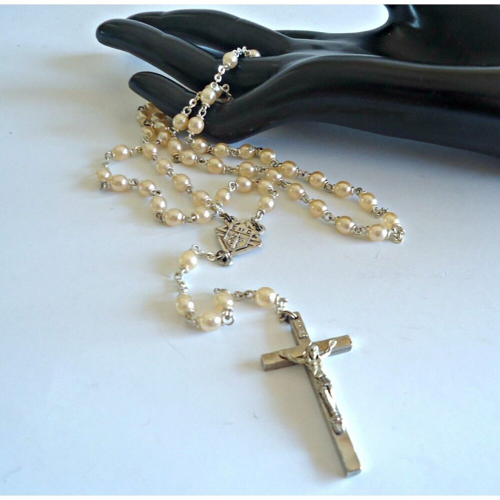 Vintage Rosary Faux Pearl Beads Metal Cross Crucifix Italy